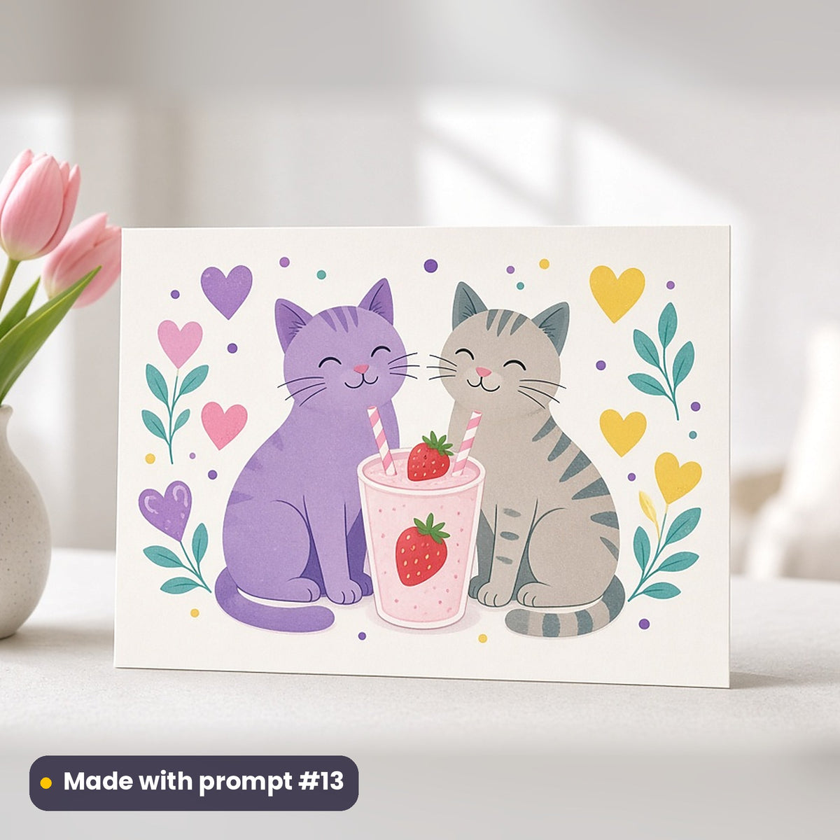 Galentine's Day artwork printed on a flat-printed greeting card: two best-friend cats sharing a strawberry milkshake with two straws, modern scandinavian style, made with prompt #13 from this pack