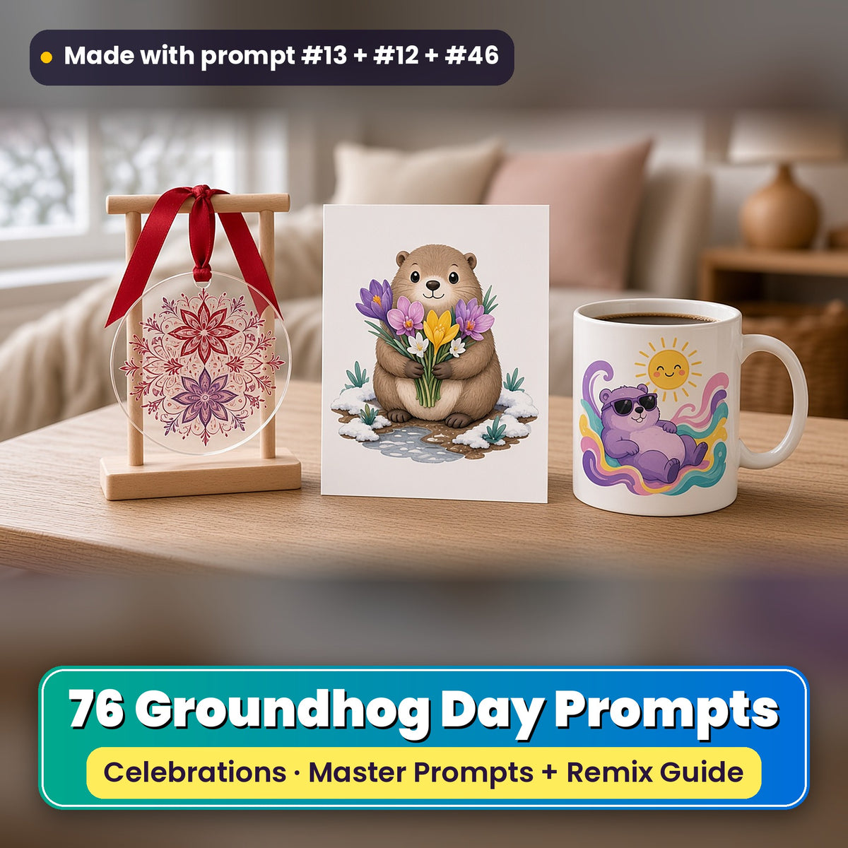 Groundhog Day prompt pack: 76 master prompts + Remix Guide, with a UV-printed greeting card, acrylic ornament and mug set made with prompts #13, #12 and #46