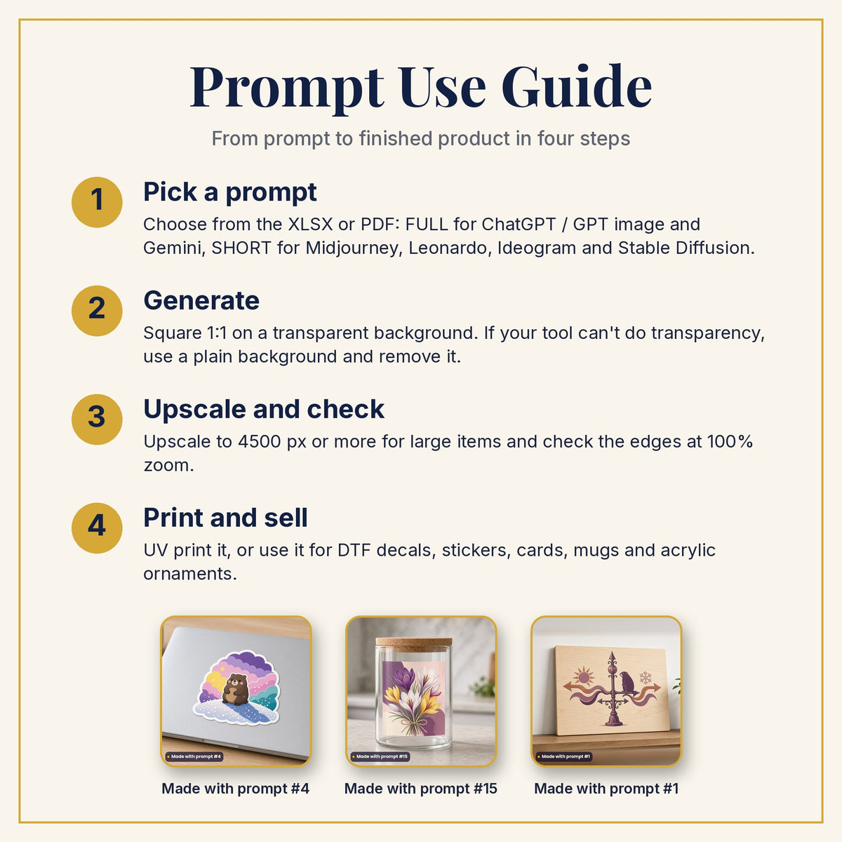 Prompt Use Guide: pick a prompt, generate, upscale and check, then print and sell, with example products made with prompts #4, #15 and #1