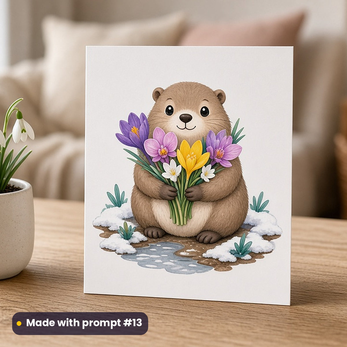 Groundhog Day artwork printed on a flat-printed greeting card: groundhog clutching a bunch of crocuses as the snow melts, cute kawaii style, made with prompt #13 from this pack
