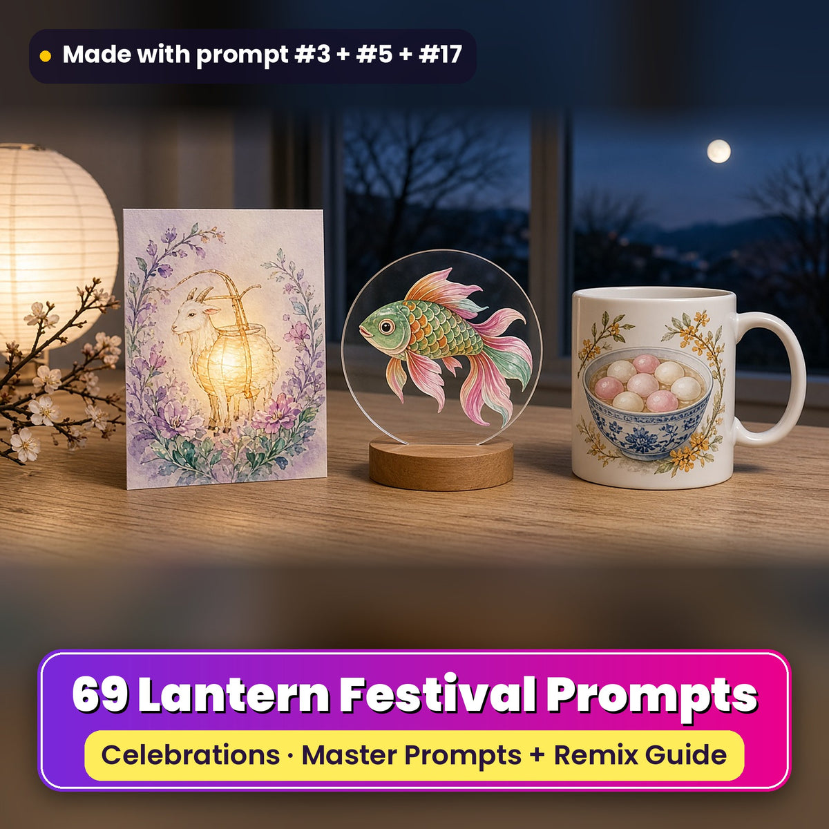 Lantern Festival prompt pack: 69 master prompts + Remix Guide, with a UV-printed greeting card, acrylic ornament and mug set made with prompts #3, #5 and #17
