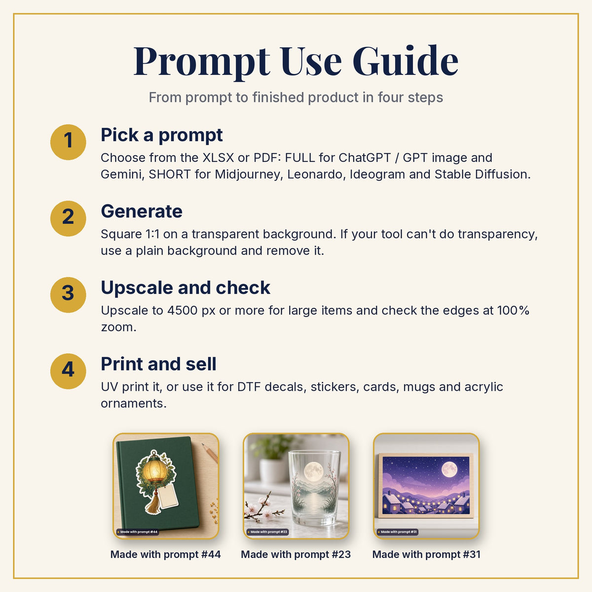 Prompt Use Guide: pick a prompt, generate, upscale and check, then print and sell, with example products made with prompts #44, #23 and #31