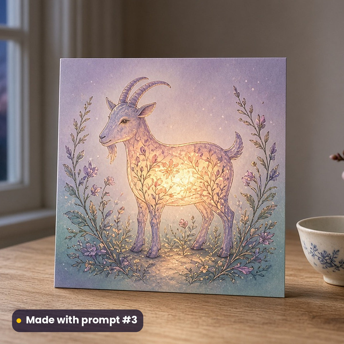 Lantern Festival artwork printed on a flat-printed greeting card: goat-shaped silk lantern glowing with warm light, cottagecore style, made with prompt #3 from this pack