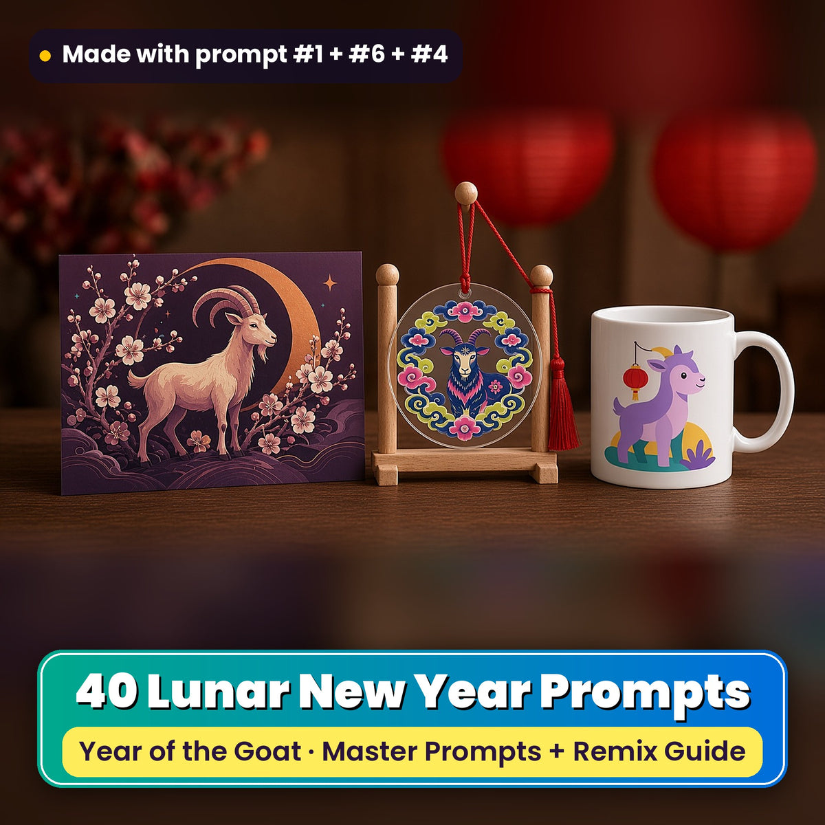 Lunar New Year prompt pack: 40 master prompts + Remix Guide, with a UV-printed greeting card, acrylic ornament and mug set made with prompts #1, #6 and #4