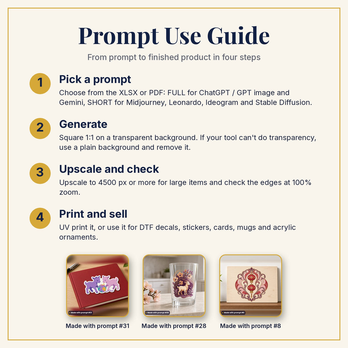 Prompt Use Guide: pick a prompt, generate, upscale and check, then print and sell, with example products made with prompts #31, #28 and #8