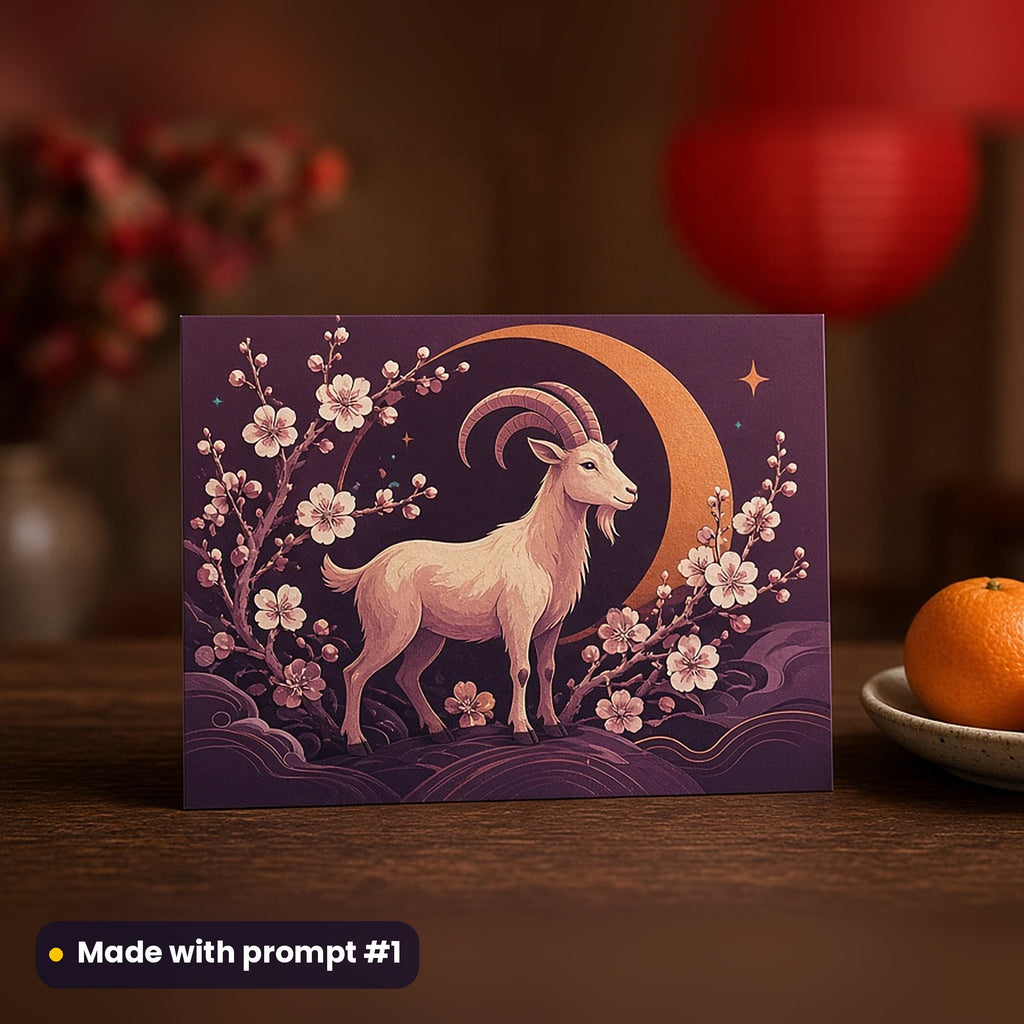Lunar New Year artwork printed on a flat-printed greeting card: goat with spiralling horns standing among plum blossoms, neon graphic style, made with prompt #1 from this pack