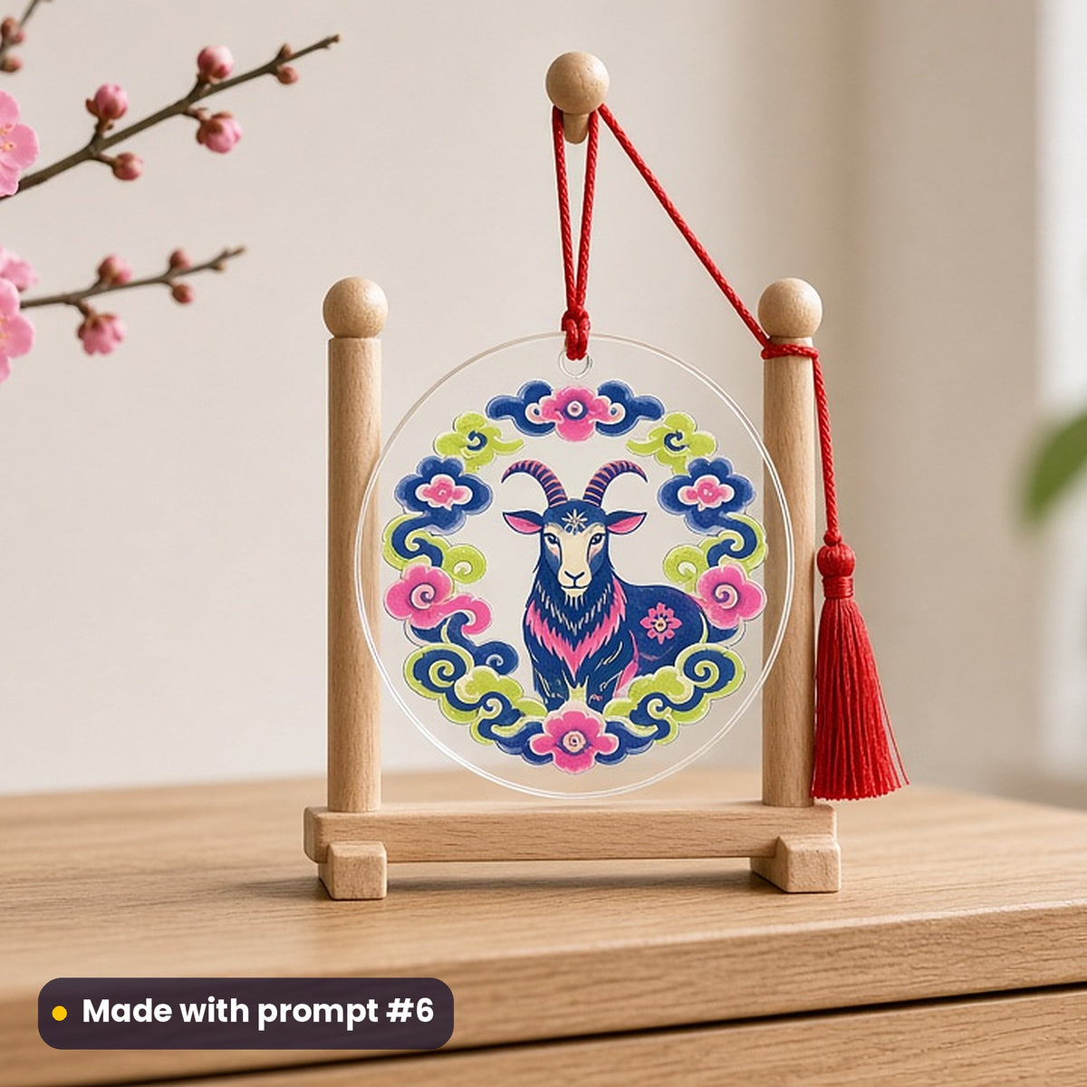 Lunar New Year artwork printed on a UV-printed clear acrylic ornament: goat medallion framed by auspicious cloud scrolls, modern scandinavian style, made with prompt #6 from this pack