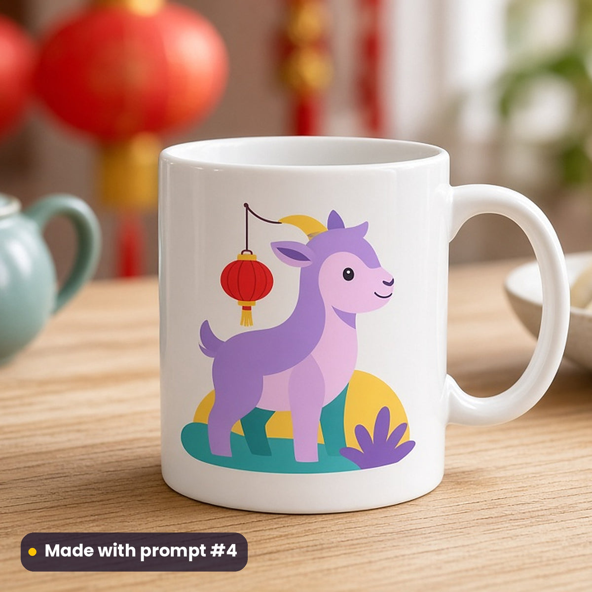 Lunar New Year artwork printed on a UV-printed ceramic mug: baby goat with a small red lantern hanging from its horn, minimal bold graphic style, made with prompt #4 from this pack