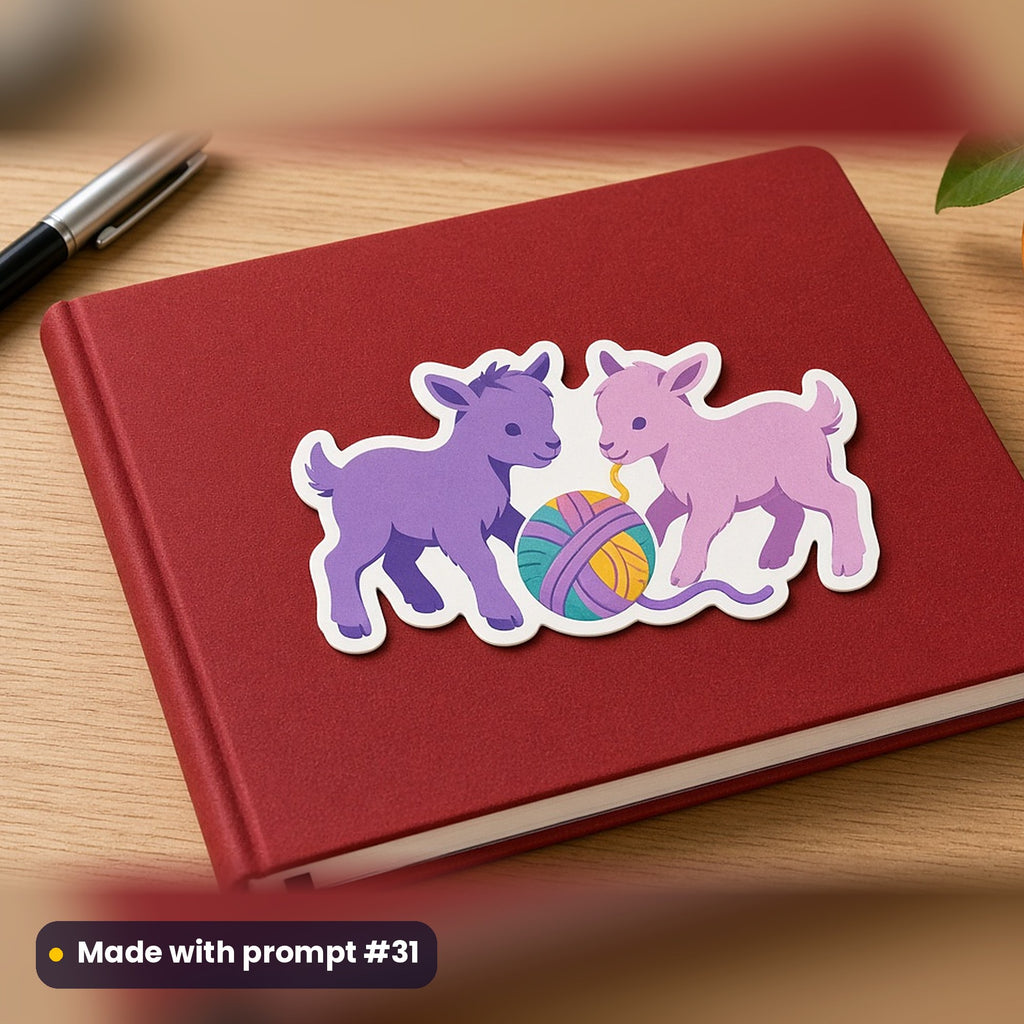 Lunar New Year artwork printed on a die-cut vinyl sticker: two baby goats playing with an embroidered ball, minimal bold graphic style, made with prompt #31 from this pack