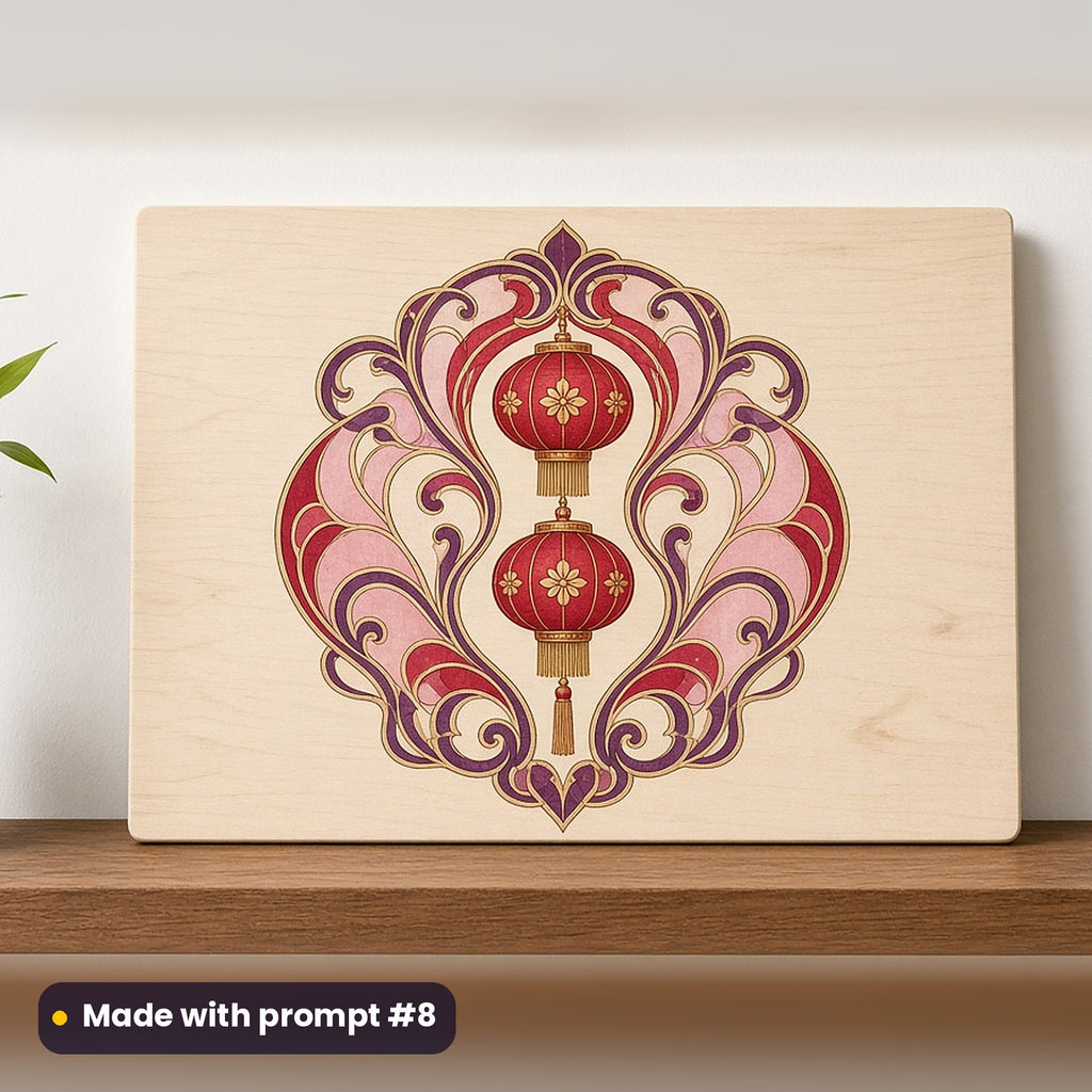 Lunar New Year artwork printed on a UV-printed wooden plaque: pair of red lanterns with gold tassels, art nouveau style, made with prompt #8 from this pack