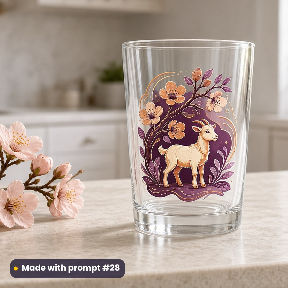 Lunar New Year artwork printed on a UV DTF decal on glass: peach blossom branch with a little goat beneath it, neon graphic style, made with prompt #28 from this pack