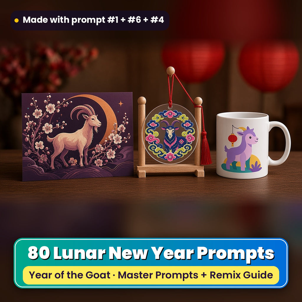 Lunar New Year prompt pack: 80 master prompts + Remix Guide, with a UV-printed greeting card, acrylic ornament and mug set made with prompts #1, #6 and #4