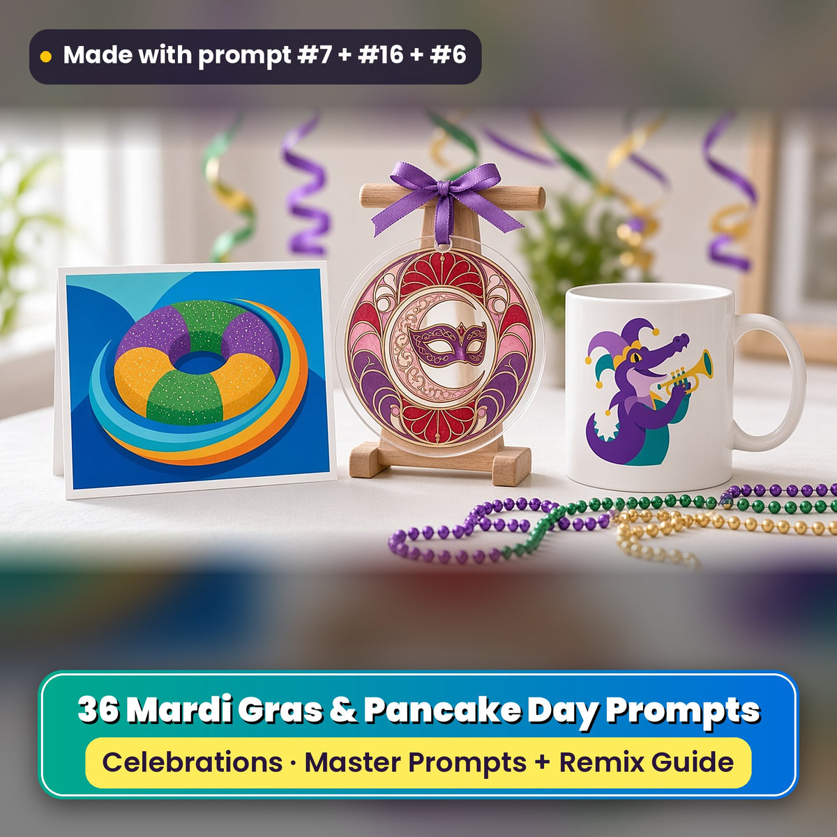 Mardi Gras & Pancake Day prompt pack: 36 master prompts + Remix Guide, with a UV-printed greeting card, acrylic ornament and mug set made with prompts #7, #16 and #6