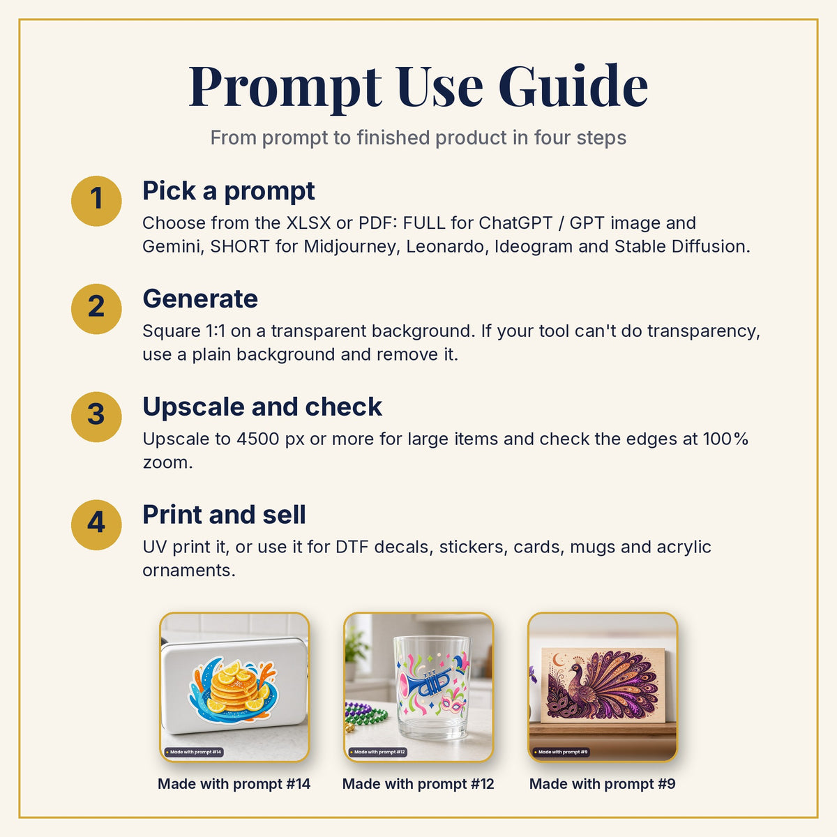 Prompt Use Guide: pick a prompt, generate, upscale and check, then print and sell, with example products made with prompts #14, #12 and #9
