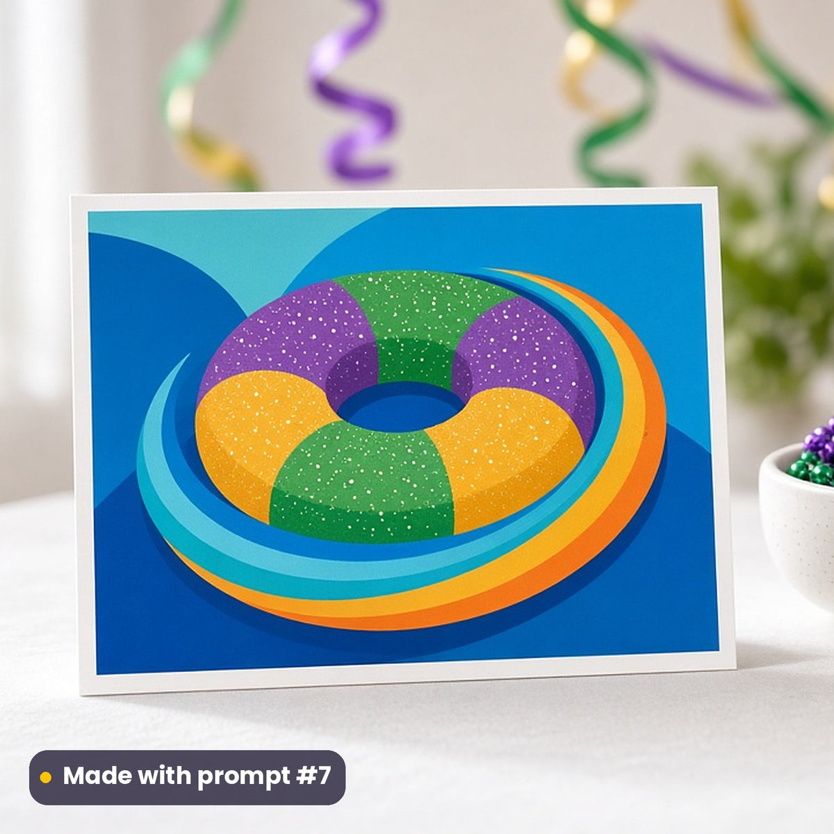 Mardi Gras & Pancake Day artwork printed on a flat-printed greeting card: king cake ring with purple, green and gold sugar bands, pop art style, made with prompt #7 from this pack