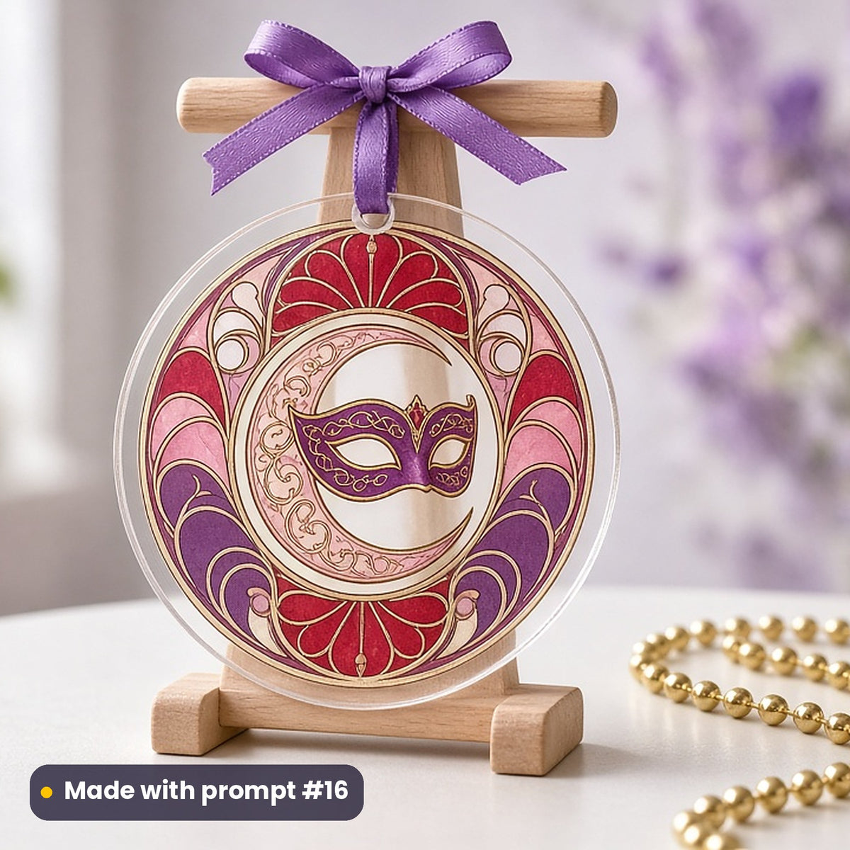 Mardi Gras & Pancake Day artwork printed on a UV-printed clear acrylic ornament: crescent moon wearing a masquerade mask, art nouveau style, made with prompt #16 from this pack