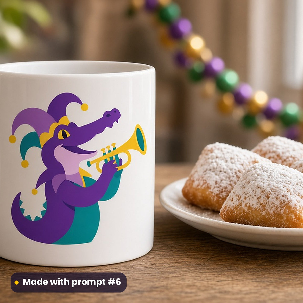 Mardi Gras & Pancake Day artwork printed on a UV-printed ceramic mug: alligator in a jester hat playing a trumpet, minimal bold graphic style, made with prompt #6 from this pack