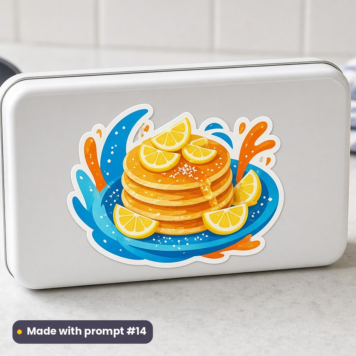 Mardi Gras & Pancake Day artwork printed on a die-cut vinyl sticker: stack of pancakes with lemon wedges and sugar, pop art style, made with prompt #14 from this pack