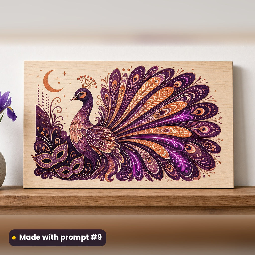 Mardi Gras & Pancake Day artwork printed on a UV-printed wooden plaque: carnival peacock with a dazzling feather tail, neon graphic style, made with prompt #9 from this pack