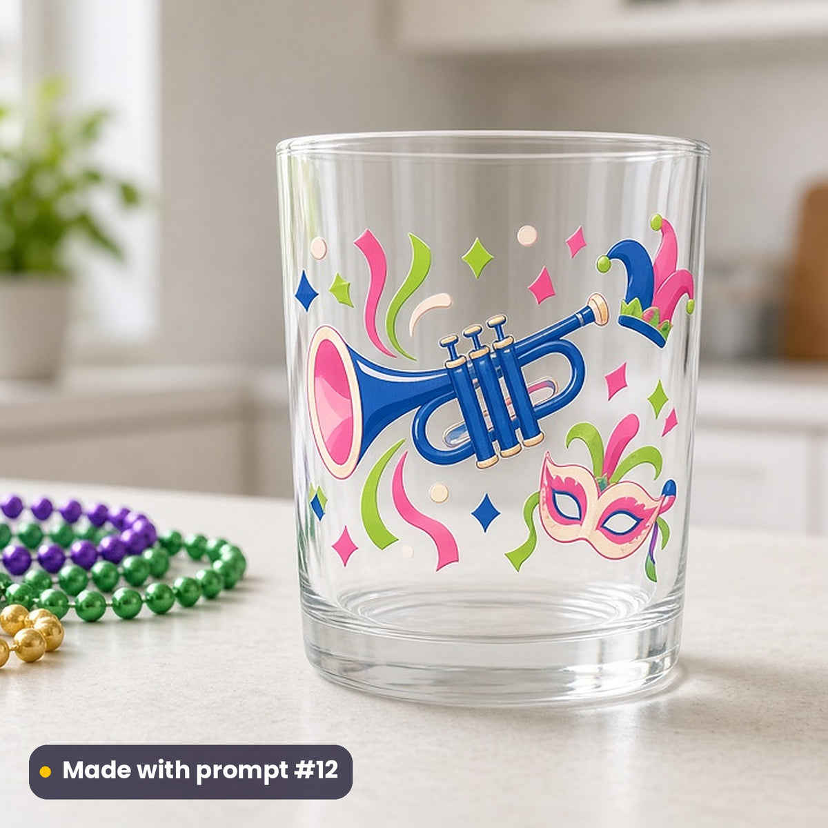 Mardi Gras & Pancake Day artwork printed on a UV DTF decal on glass: trumpet with ribbons and confetti, modern scandinavian style, made with prompt #12 from this pack