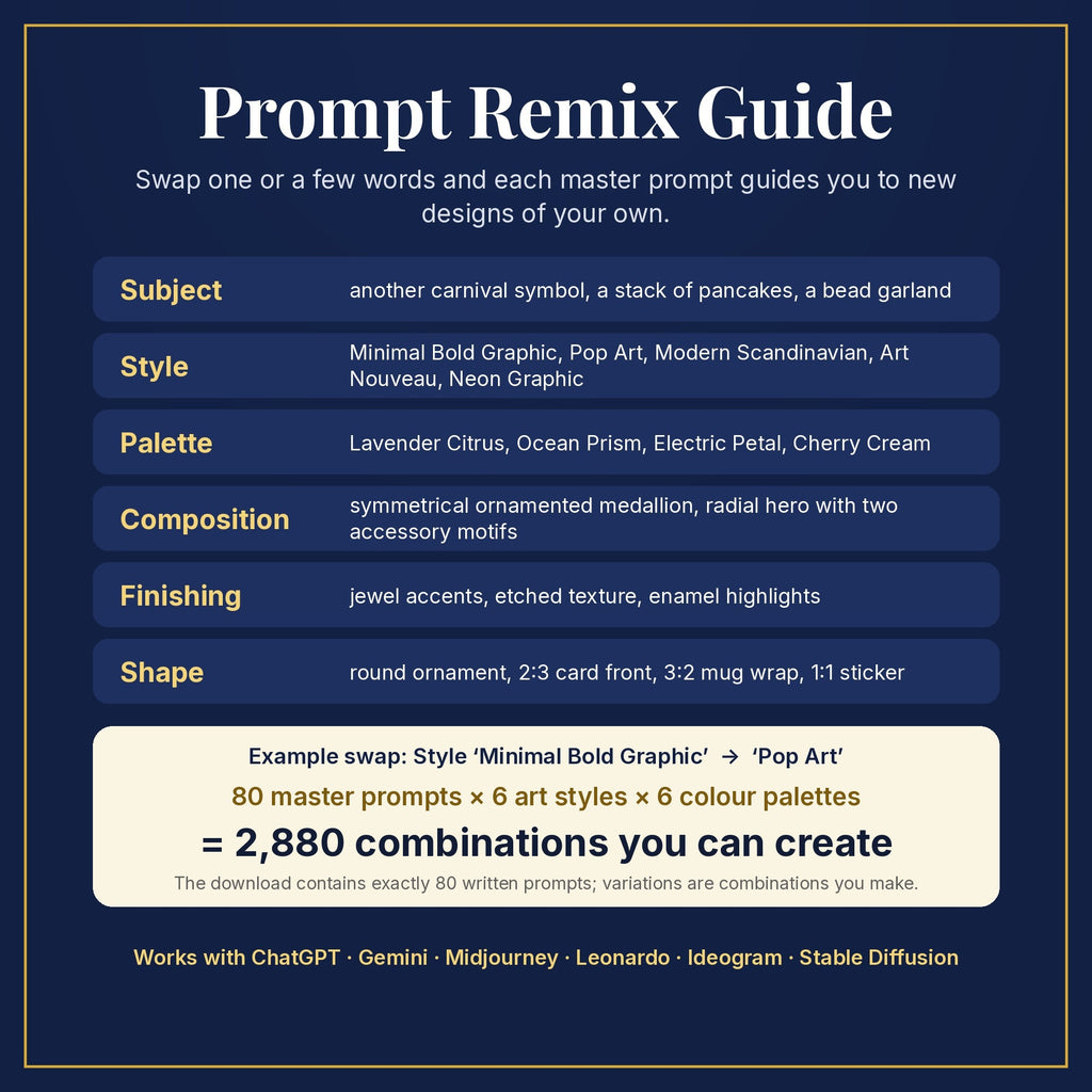 Prompt Remix Guide: swap subject, style, palette, composition, finishing and shape; 80 master prompts × 6 styles × 6 palettes = 2,880 combinations you can create