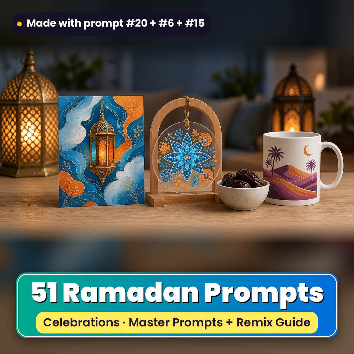 Ramadan prompt pack: 51 master prompts + Remix Guide, with a UV-printed greeting card, acrylic ornament and mug set made with prompts #20, #6 and #15