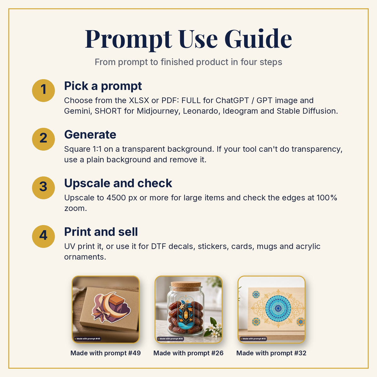 Prompt Use Guide: pick a prompt, generate, upscale and check, then print and sell, with example products made with prompts #49, #26 and #32