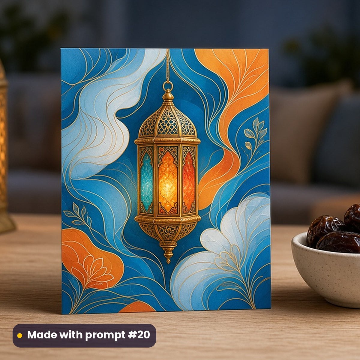 Ramadan artwork printed on a flat-printed greeting card: ornate brass lantern with coloured glass panels, elegant line & floral style, made with prompt #20 from this pack