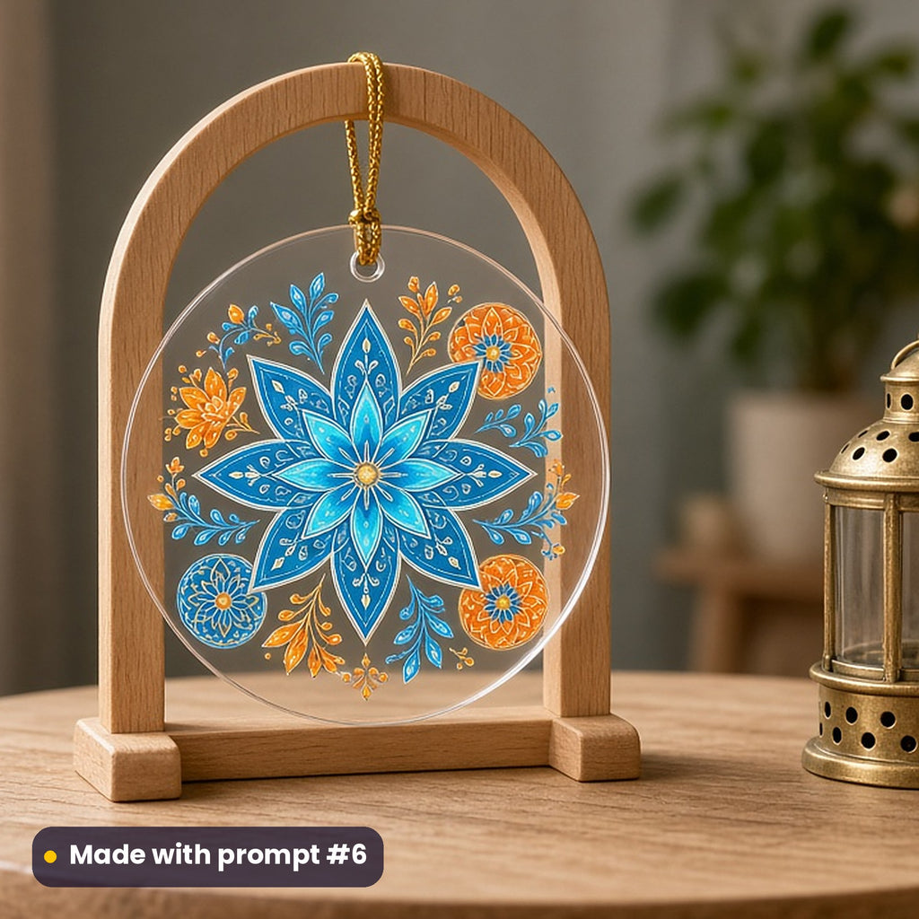 Ramadan artwork printed on a UV-printed clear acrylic ornament: eight-pointed star geometric pattern, elegant line & floral style, made with prompt #6 from this pack