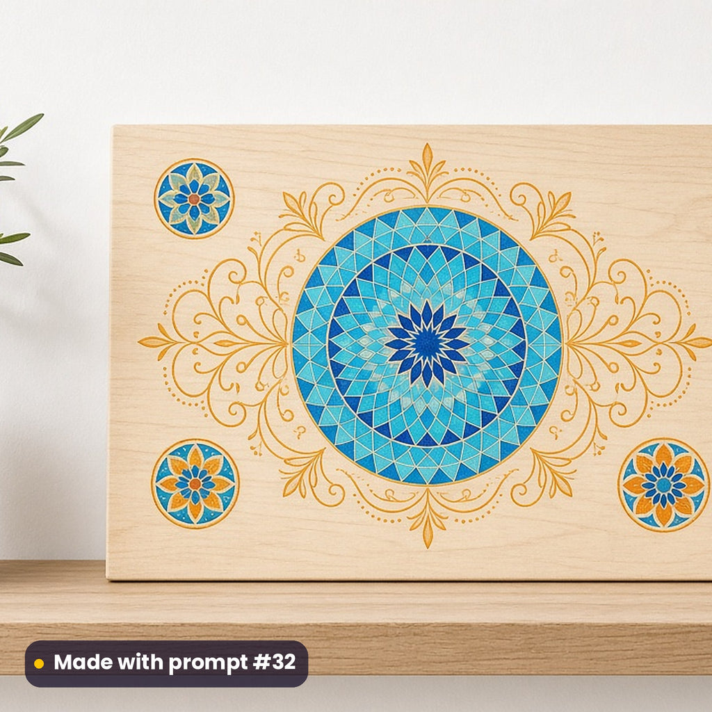 Ramadan artwork printed on a UV-printed wooden plaque: turquoise and cobalt mosaic tile medallion, elegant line & floral style, made with prompt #32 from this pack