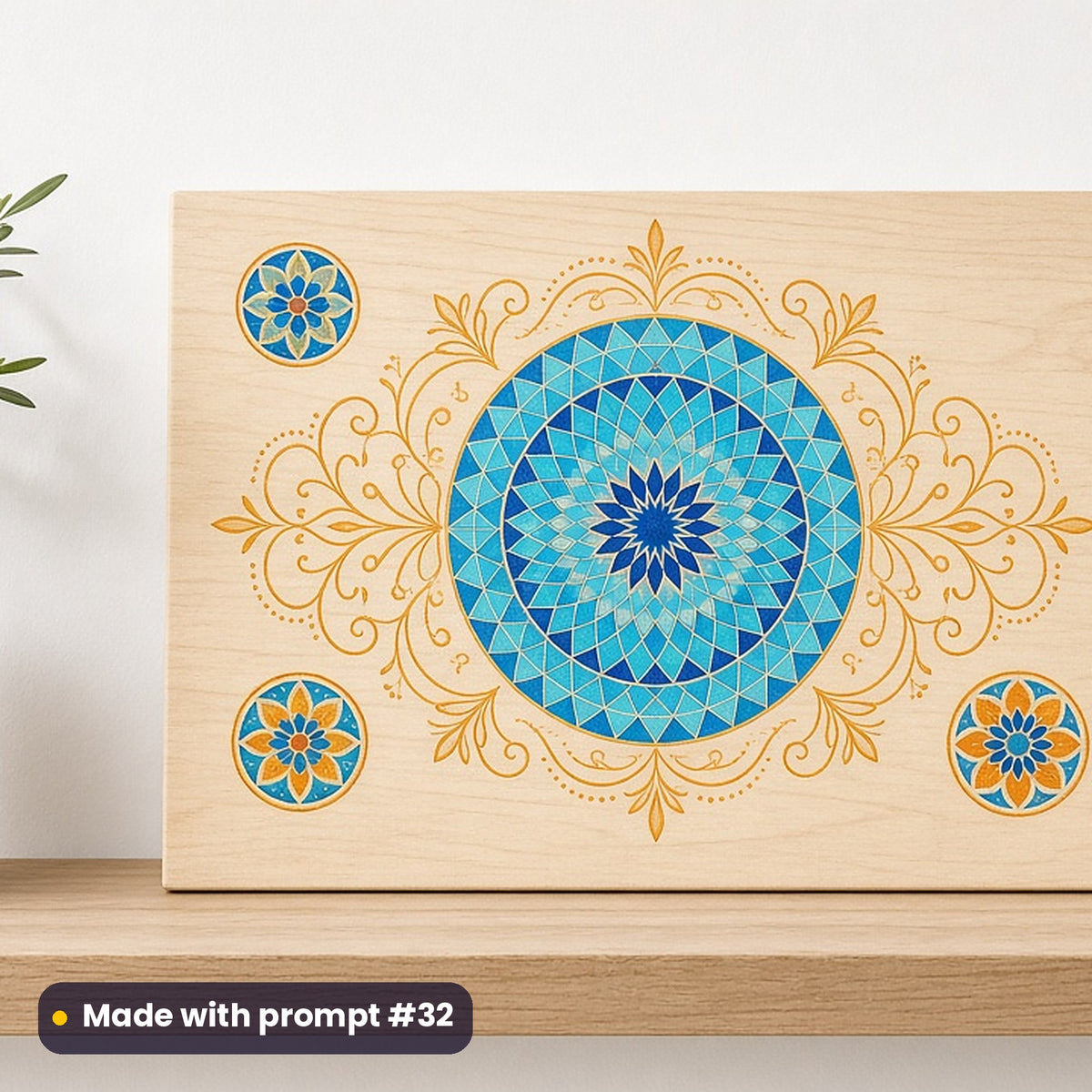 Ramadan artwork printed on a UV-printed wooden plaque: turquoise and cobalt mosaic tile medallion, elegant line & floral style, made with prompt #32 from this pack