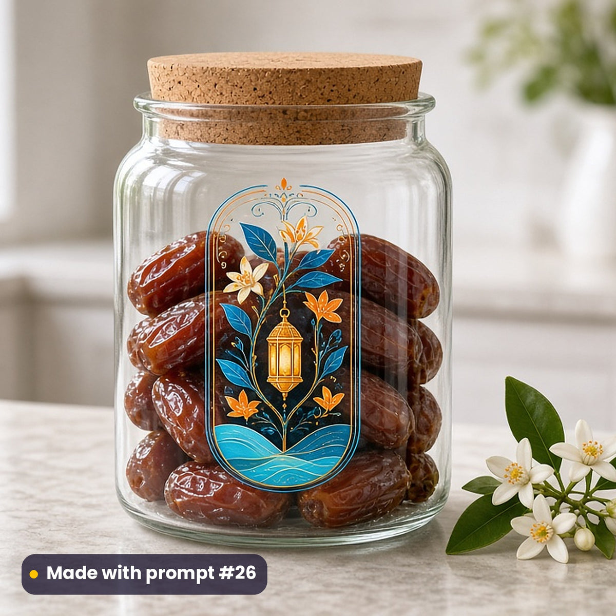 Ramadan artwork printed on a UV DTF decal on glass: orange blossom branch with a small lantern, elegant line & floral style, made with prompt #26 from this pack