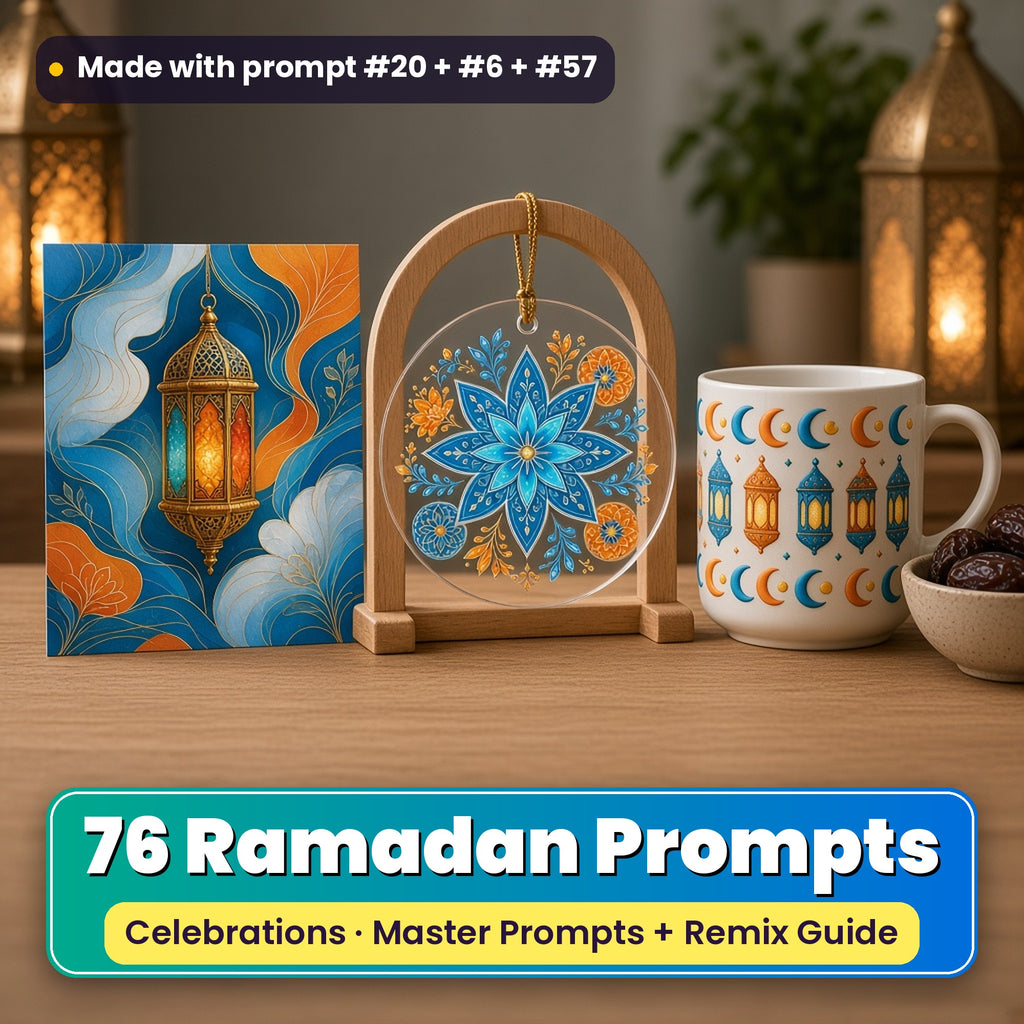 Ramadan prompt pack: 76 master prompts + Remix Guide, with a UV-printed greeting card, acrylic ornament and mug set made with prompts #20, #6 and #57