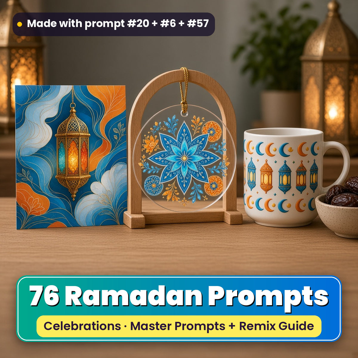 Ramadan prompt pack: 76 master prompts + Remix Guide, with a UV-printed greeting card, acrylic ornament and mug set made with prompts #20, #6 and #57