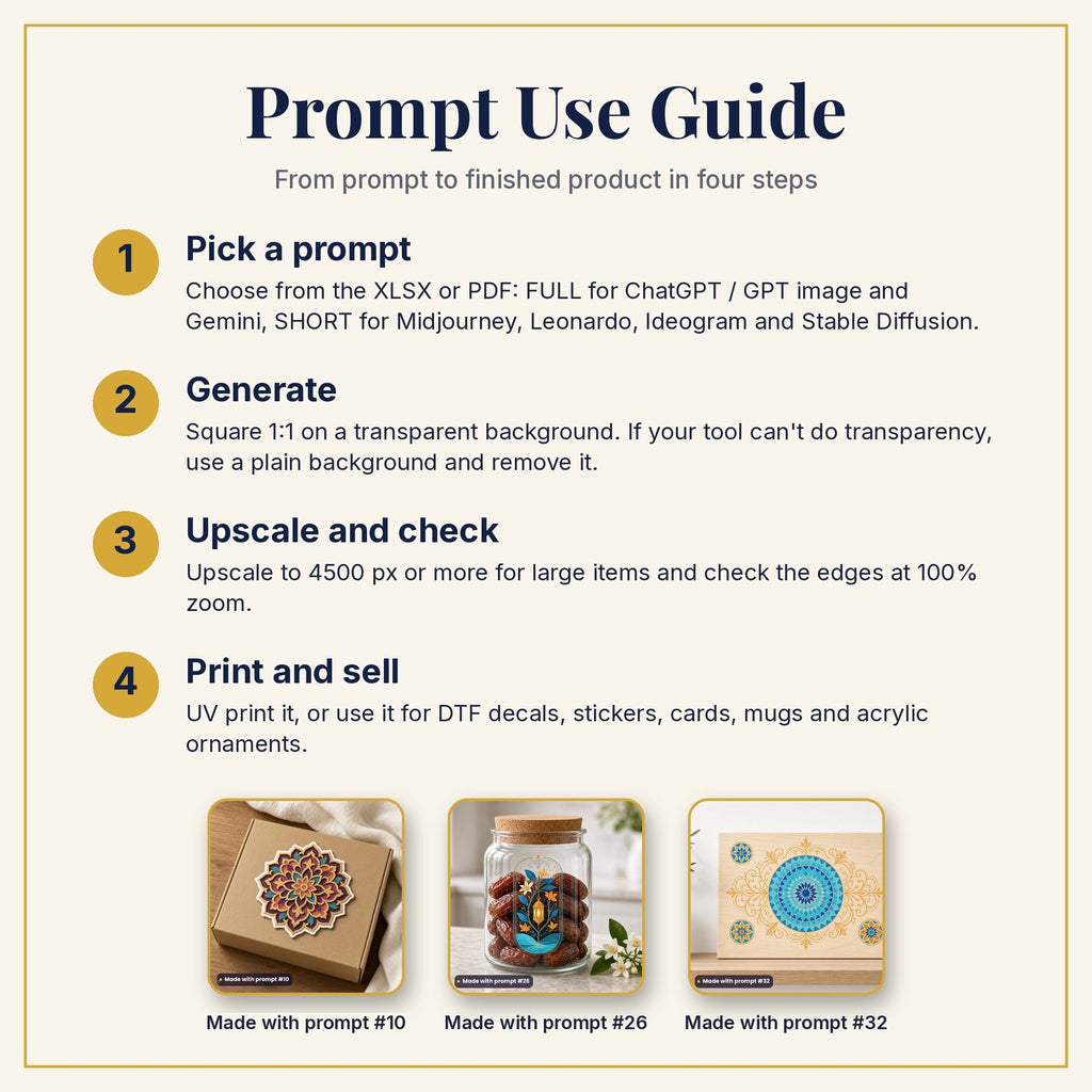 Prompt Use Guide: pick a prompt, generate, upscale and check, then print and sell, with example products made with prompts #10, #26 and #32