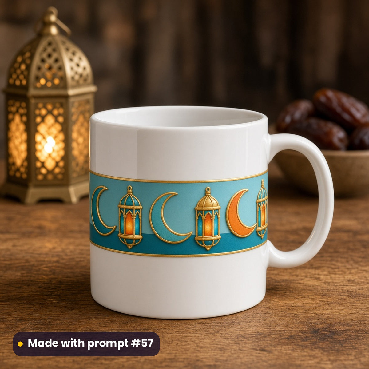 Ramadan artwork printed on a UV-printed ceramic mug: crescent and lantern border in teal and gold, handcrafted clay illusion style, made with prompt #57 from this pack