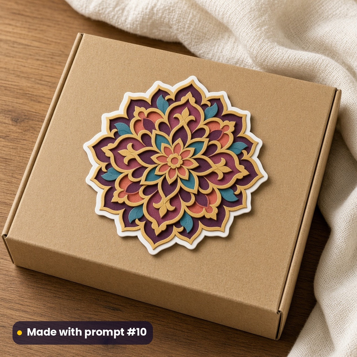 Ramadan artwork printed on a die-cut vinyl sticker: arabesque floral medallion in gold and teal, papercut relief illusion style, made with prompt #10 from this pack