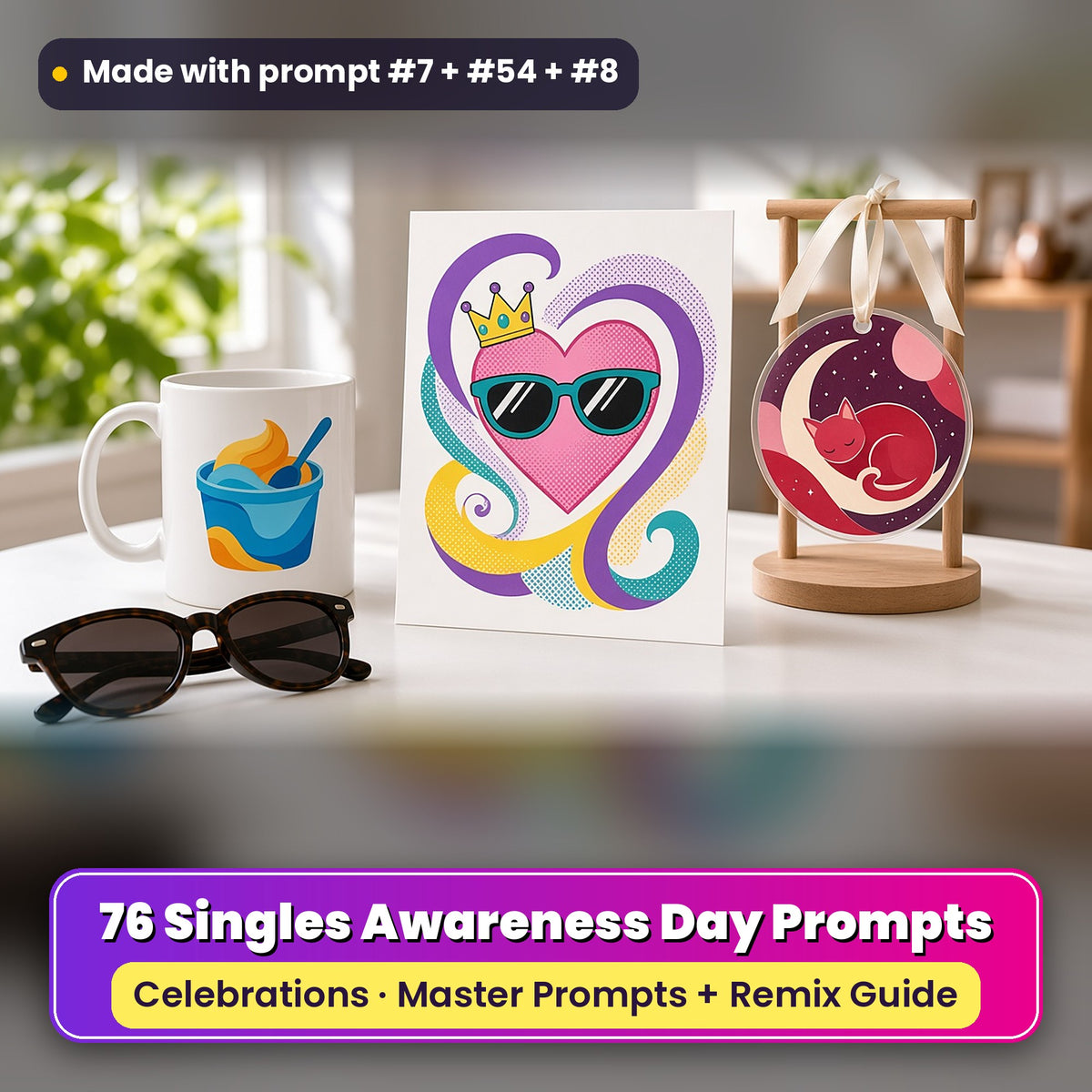 Singles Awareness Day prompt pack: 76 master prompts + Remix Guide, with a UV-printed greeting card, acrylic ornament and mug set made with prompts #7, #54 and #8