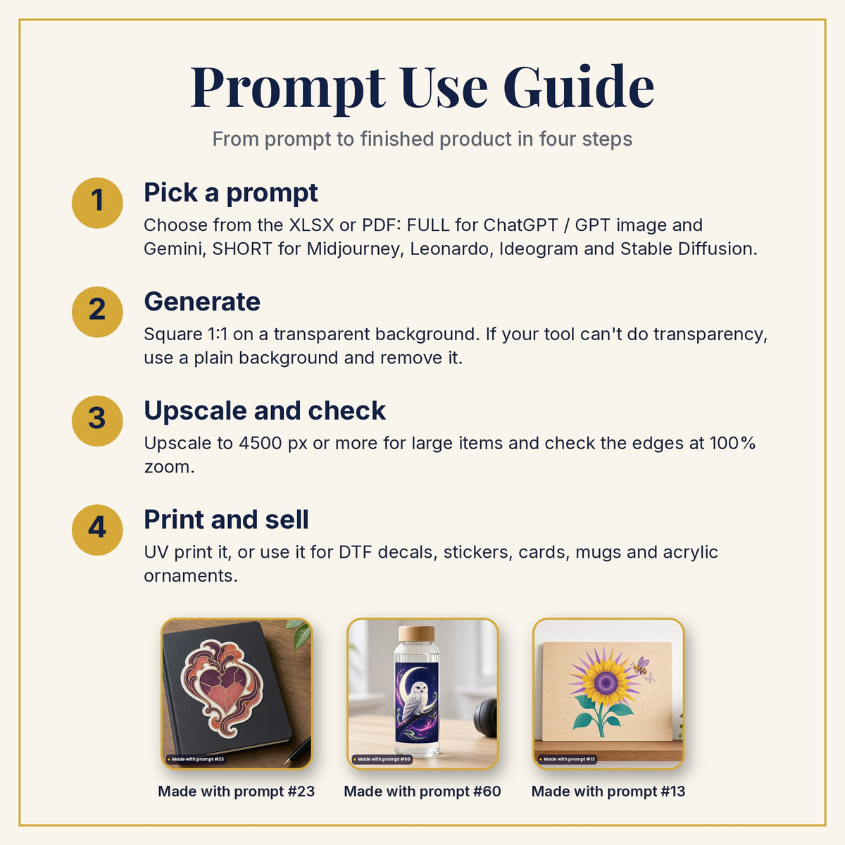 Prompt Use Guide: pick a prompt, generate, upscale and check, then print and sell, with example products made with prompts #23, #60 and #13