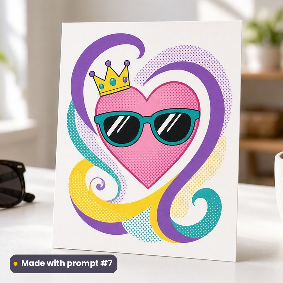 Singles Awareness Day artwork printed on a flat-printed greeting card: heart wearing sunglasses and a crown, pop art style, made with prompt #7 from this pack