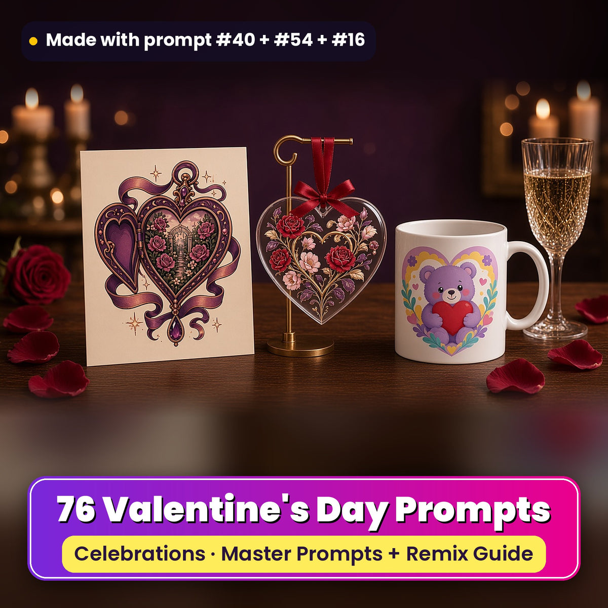 Valentine's Day prompt pack: 76 master prompts + Remix Guide, with a UV-printed greeting card, acrylic ornament and mug set made with prompts #40, #54 and #16