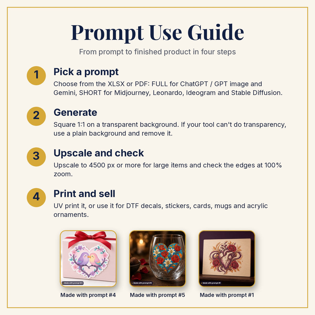 Prompt Use Guide: pick a prompt, generate, upscale and check, then print and sell, with example products made with prompts #4, #5 and #1