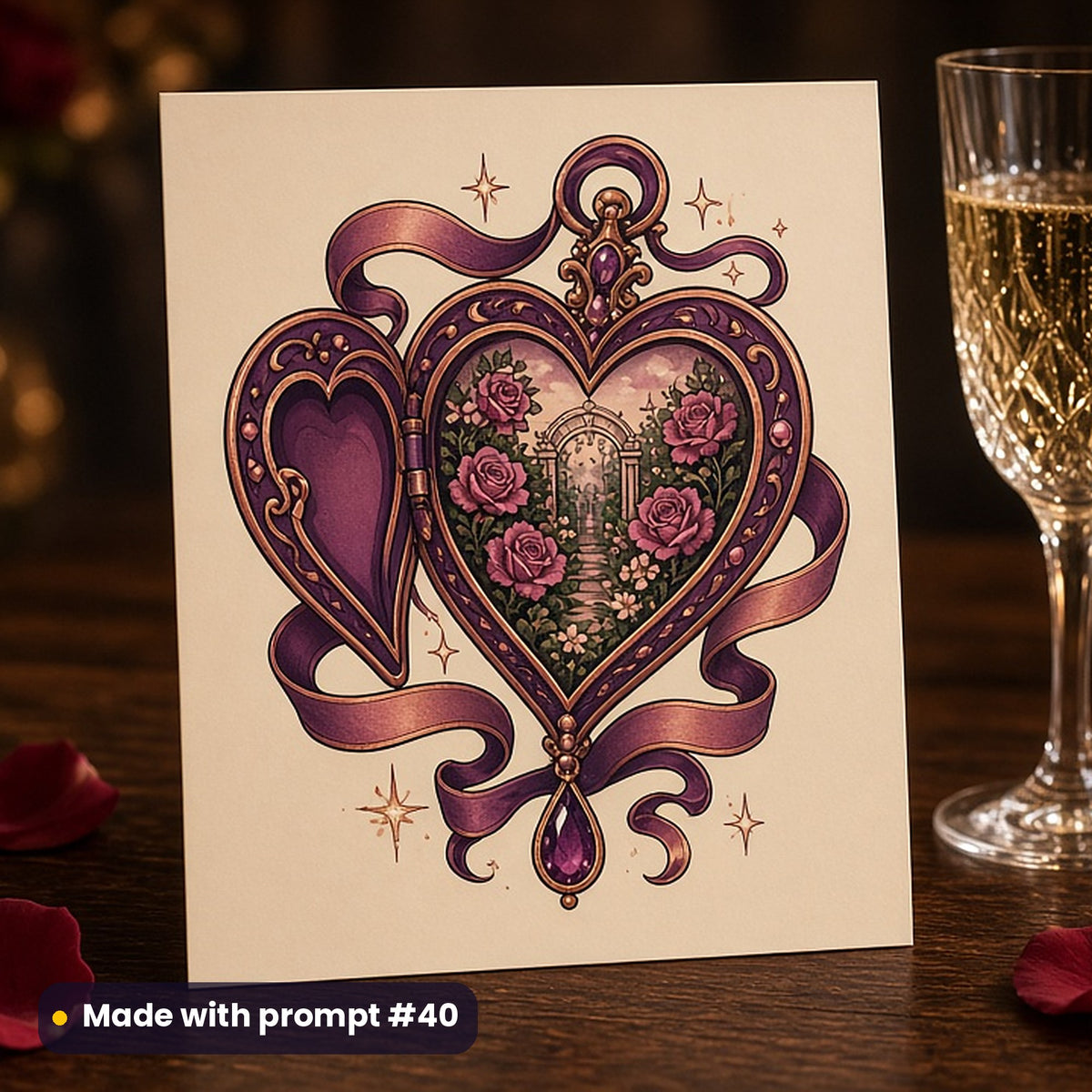 Valentine's Day artwork printed on a flat-printed greeting card: jewelled heart-shaped locket open to reveal a tiny rose garden, contemporary tattoo style, made with prompt #40 from this pack