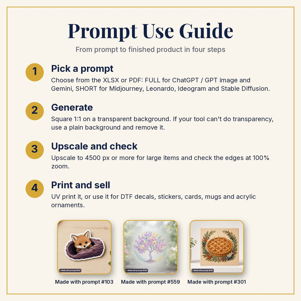 Prompt Use Guide: pick a prompt, generate, upscale and check, then print and sell, with example products made with prompts #103, #559 and #301
