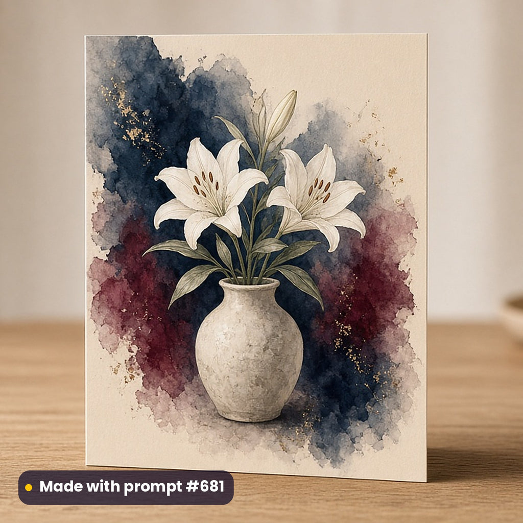 Good Friday artwork printed on a flat-printed greeting card: white lilies in a stone vase, watercolour & ink style, made with prompt #681 from this pack