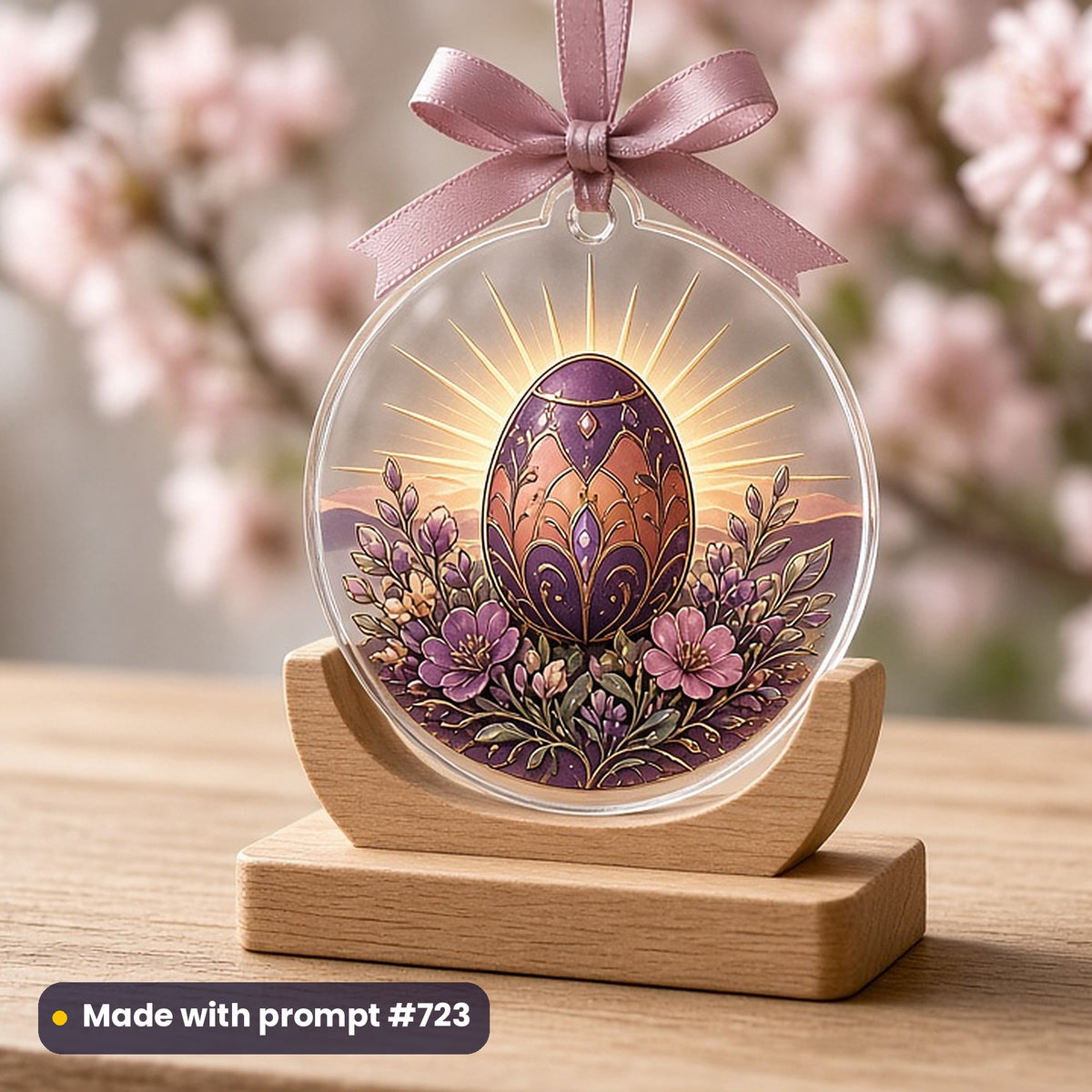 Easter artwork printed on a UV-printed clear acrylic ornament: spring sunrise glowing behind a jewelled egg on a flowery hill, luxury enamel & gemstone style, made with prompt #723 from this pack