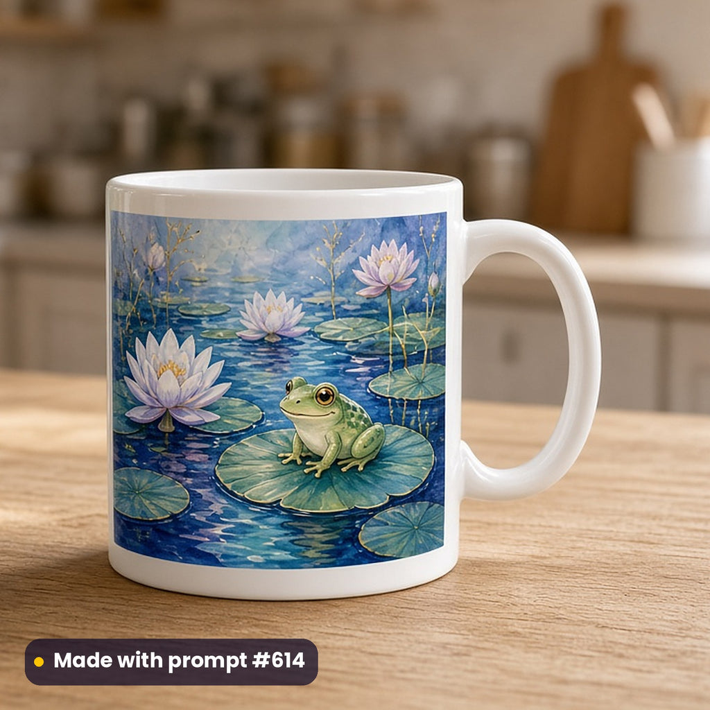 World Water Day artwork printed on a UV-printed ceramic mug: water lily pond with a frog, whimsical storybook style, made with prompt #614 from this pack