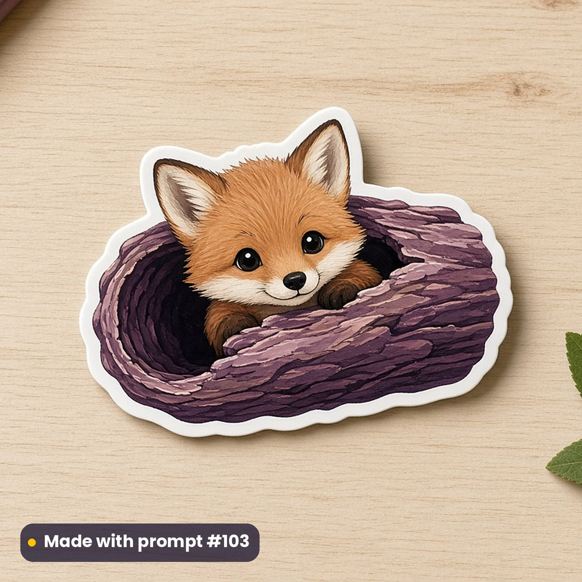World Wildlife Day artwork printed on a die-cut vinyl sticker: fox cub peeking out of a log, luxury enamel & gemstone style, made with prompt #103 from this pack