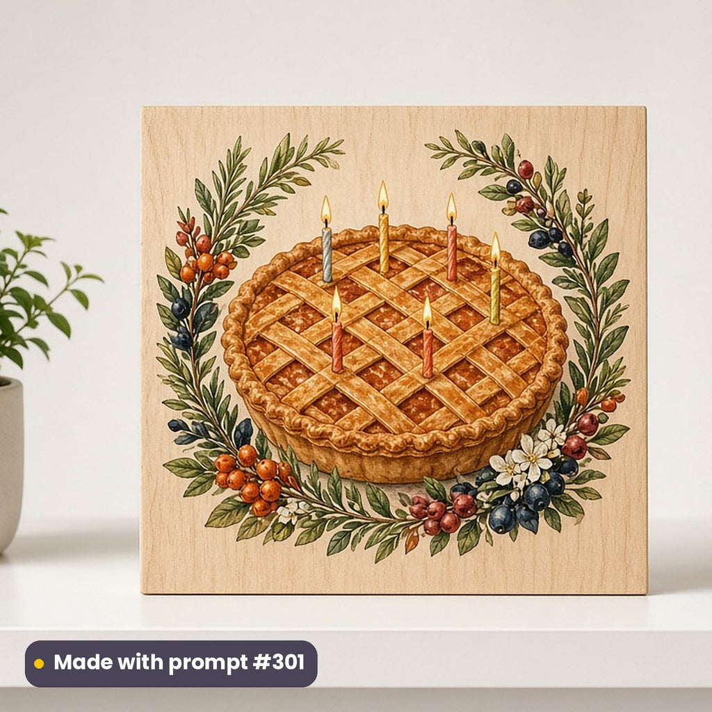Pi Day artwork printed on a UV-printed wooden plaque: round birthday-style pie with candles, vintage botanical style, made with prompt #301 from this pack