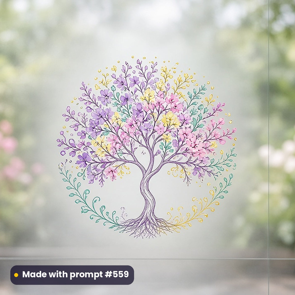 Holi artwork printed on a UV DTF decal on glass: tree blossoming in all colours, elegant line & floral style, made with prompt #559 from this pack